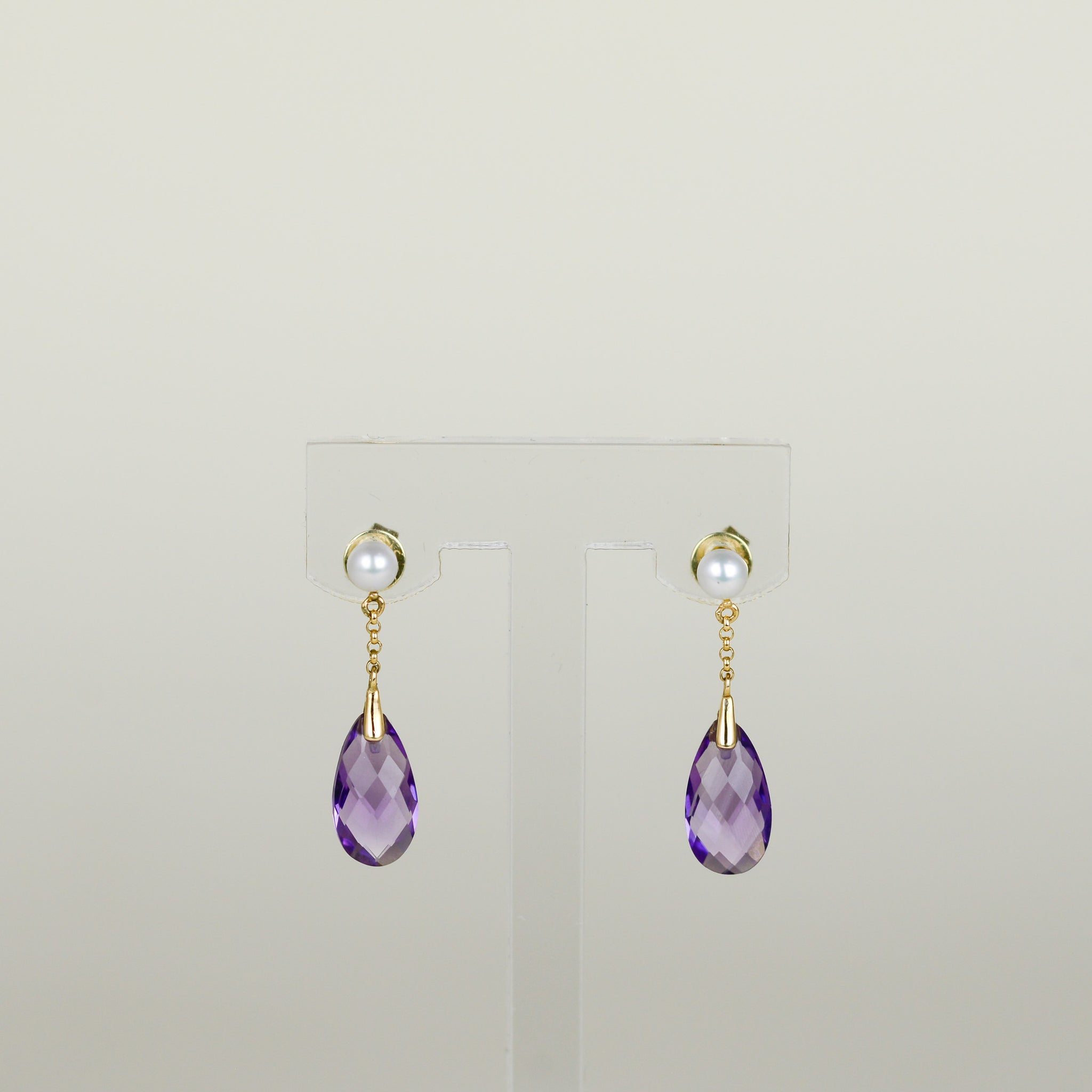 9ct Yellow Gold 3.22ct Oval Briolette Amethyst and Pearl Drop Earrings