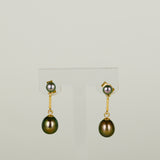 9ct Yellow Gold Black Button Pearl Drop Bar Earrings