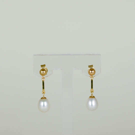 9ct Yellow Gold Oval Freshwater Pearl Drop Bar Earrings