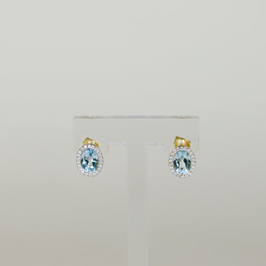 9ct Yellow Gold 1.95ct Oval Blue Topaz and Diamond Stud Earrings Front