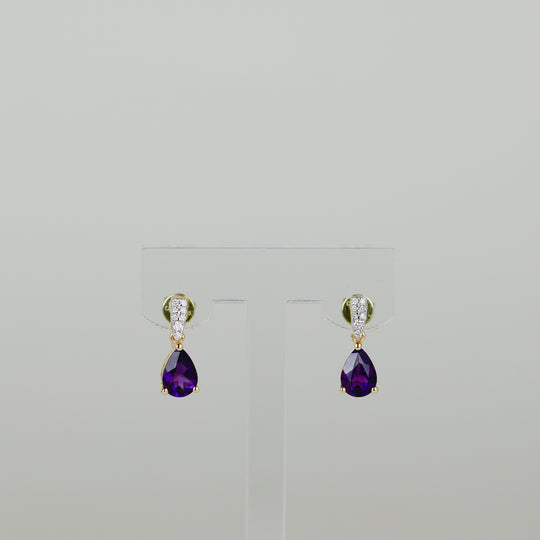9ct Yellow Gold 1.26ct Pear Amethyst and Diamond Drop Earrings