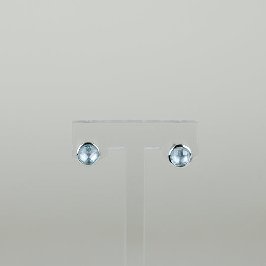 9ct White Gold 1.57ct Round Checkerboard Blue Topaz Stud Earrings