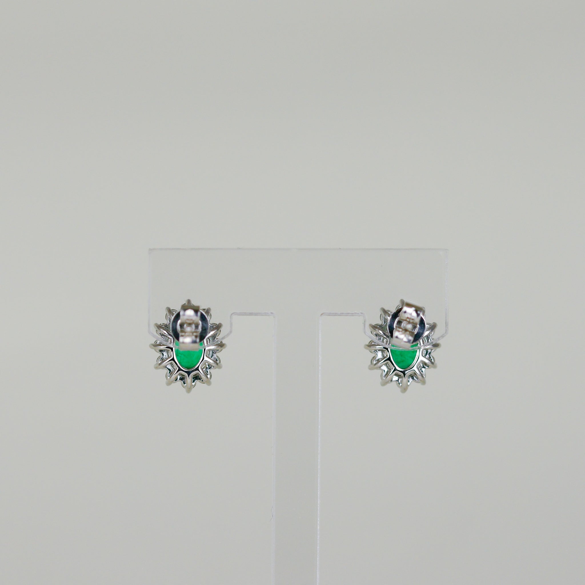 18ct White Gold 1.29ct Oval Emerald and Diamond Cluster Earrings