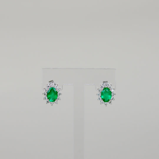 18ct White Gold 1.29ct Oval Emerald and Diamond Cluster Earrings