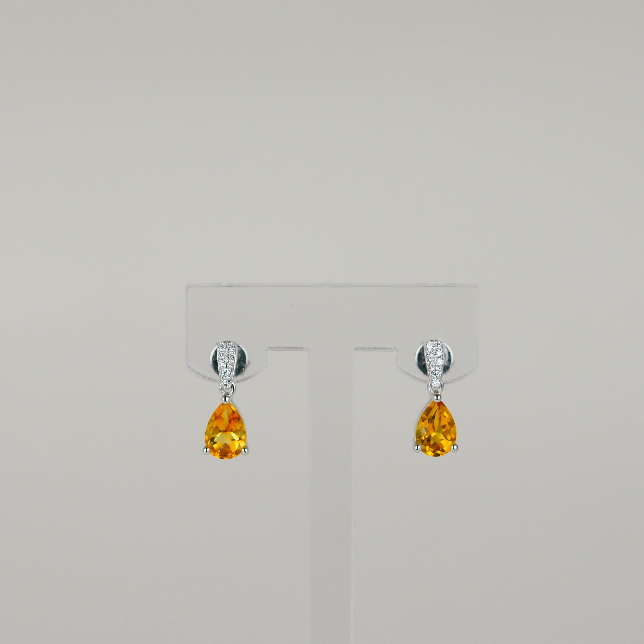 9ct White Gold 1.27ct Pear Citrine and Diamond Drop Earrings