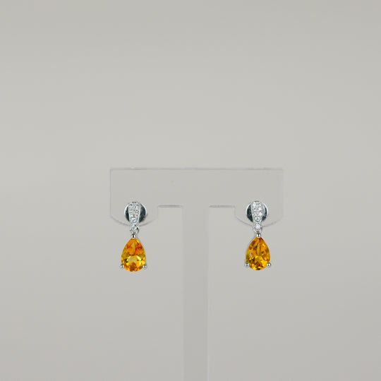 9ct White Gold 1.27ct Pear Citrine and Diamond Drop Earrings