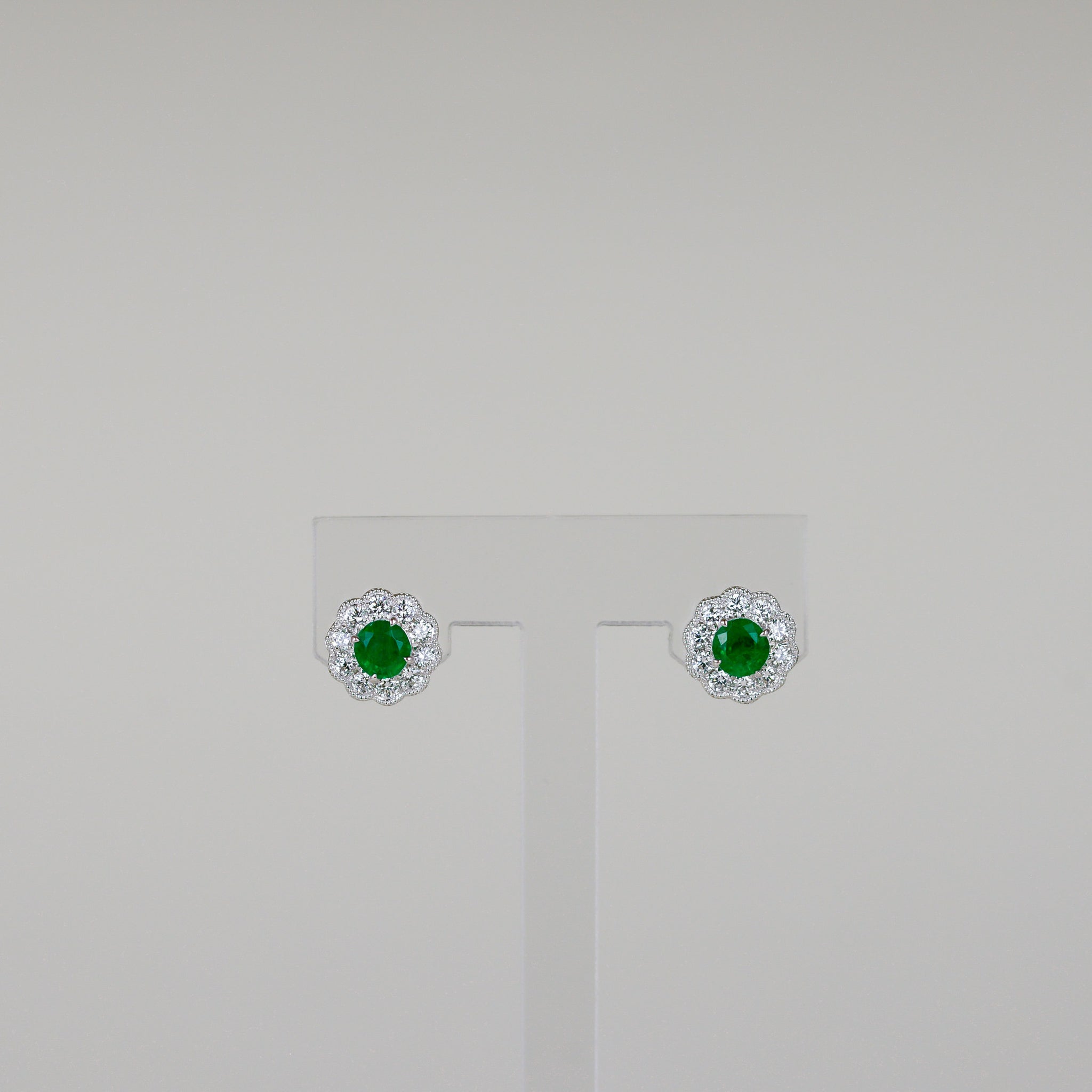 18ct White Gold 0.49ct Round Emerald and Diamond Stud Earring