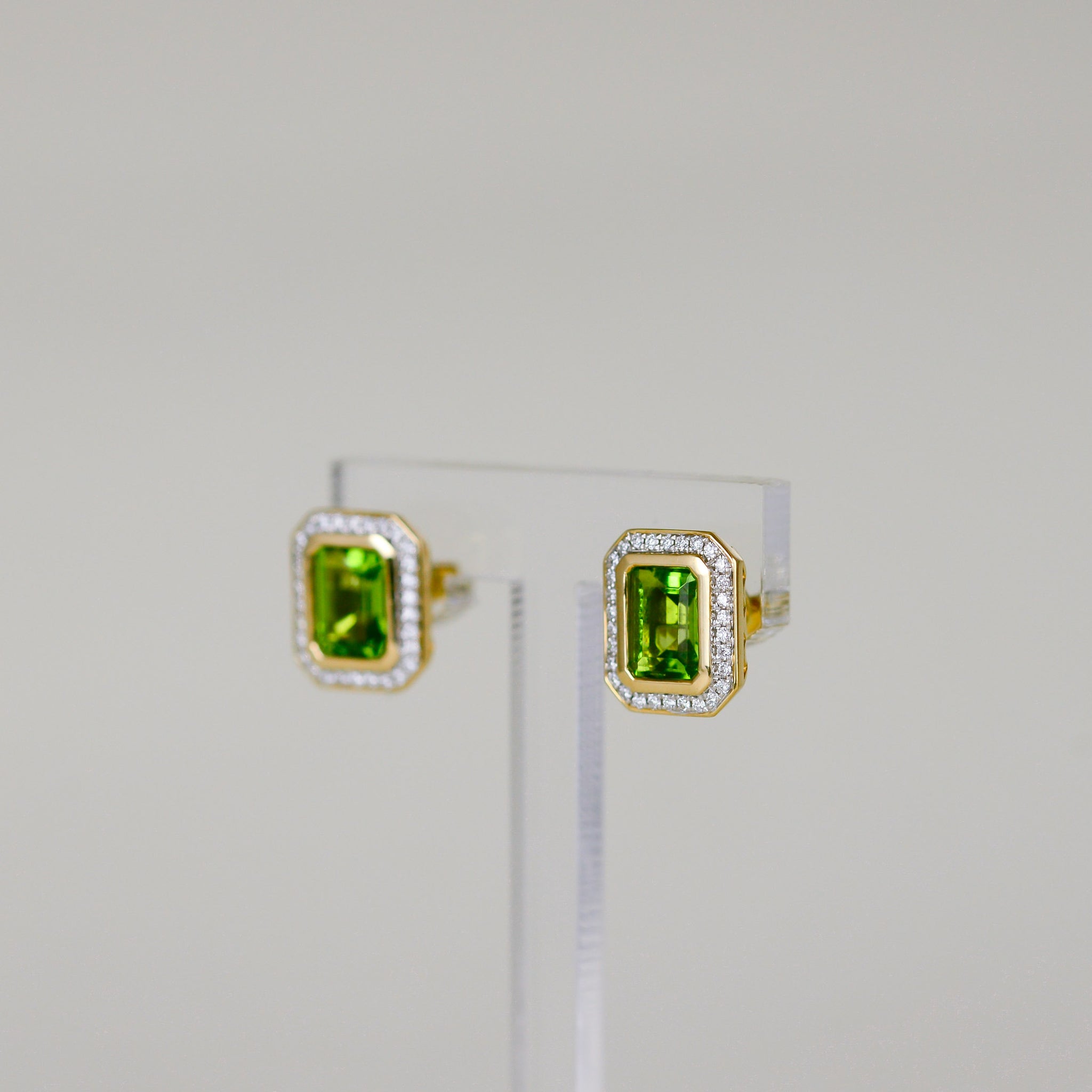 9ct Yellow Gold 3.34ct Emerald Cut Peridot and Diamond Art Deco Stud Earrings