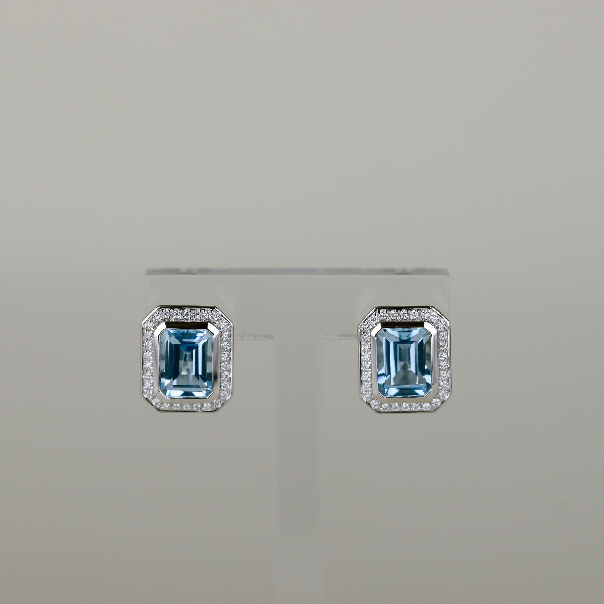 9ct White Gold 3.69ct Emerald Cut Blue Topaz and Diamond Art Deco Earrings