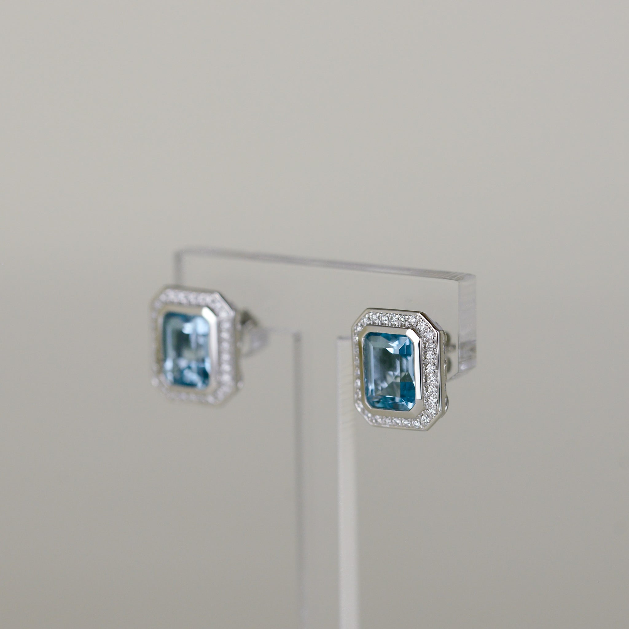 9ct White Gold 3.69ct Emerald Cut Blue Topaz and Diamond Art Deco Earrings