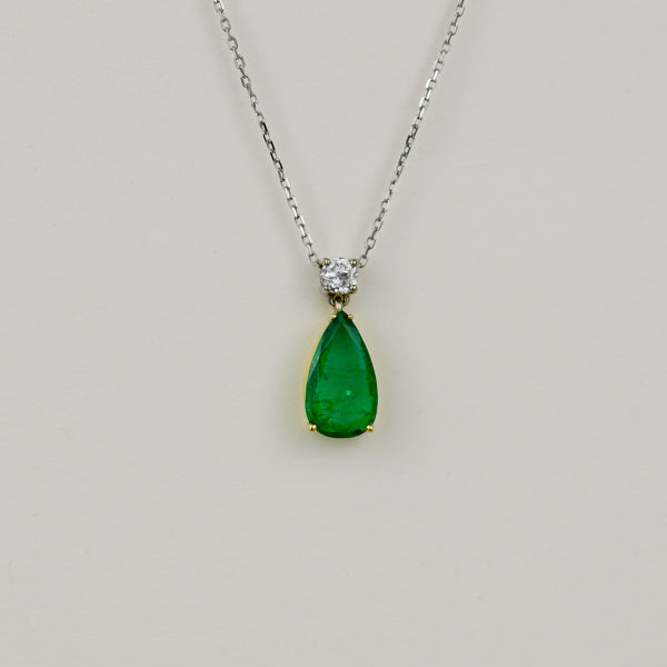 18ct Yellow and White Gold Pear Cut Emerald and Diamond Pendant
