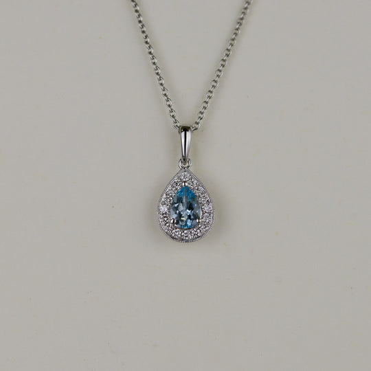 18ct White Gold 0.51ct Pear Aquamarine and Diamond Pendant