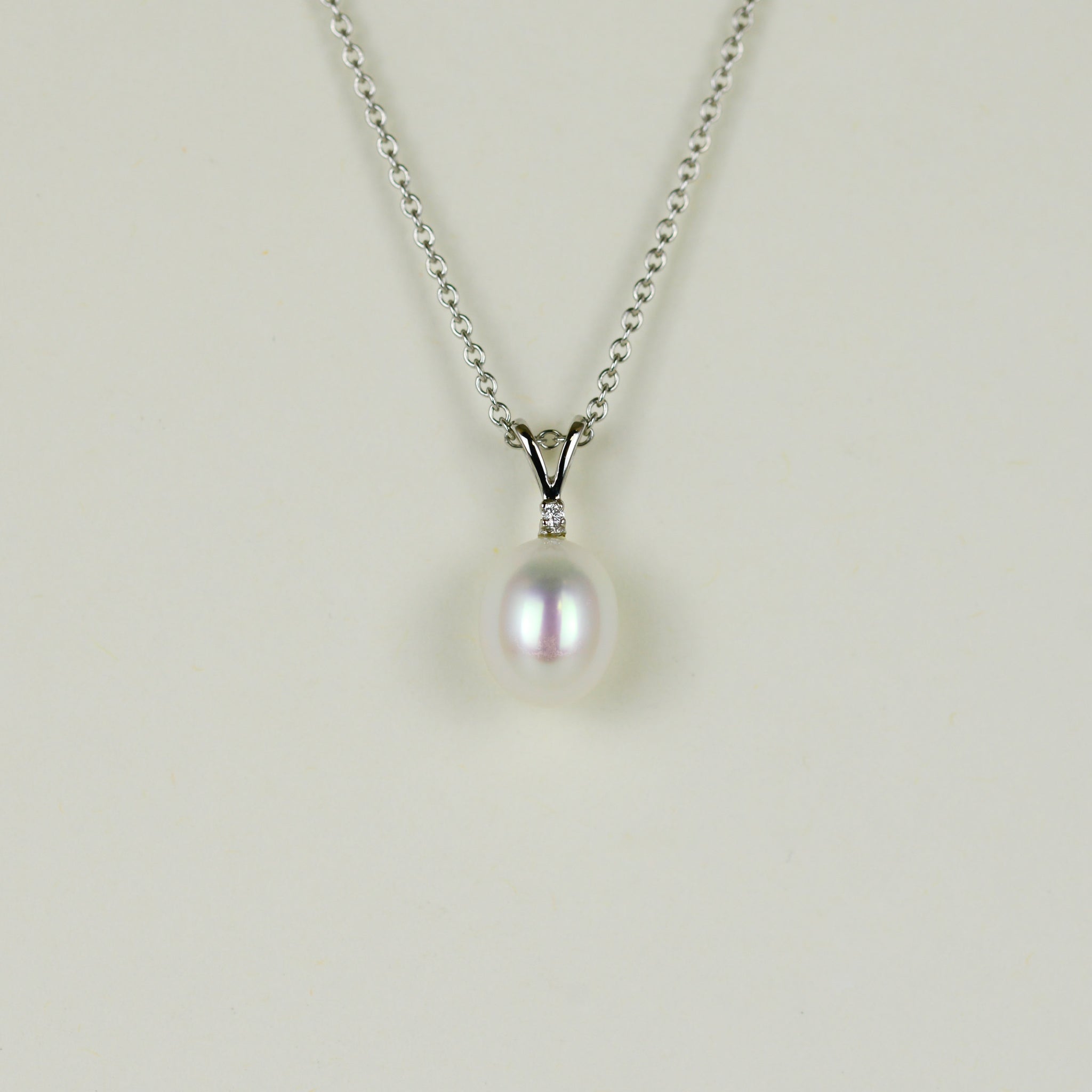 9ct White Gold Oval Freshwater Pearl and Diamond Pendant