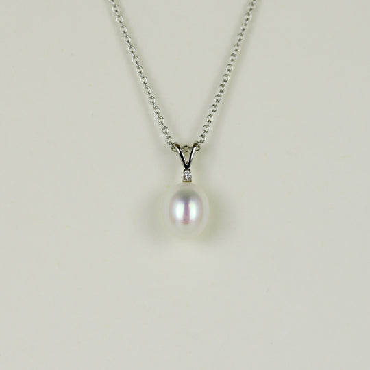 9ct White Gold Oval Freshwater Pearl and Diamond Pendant