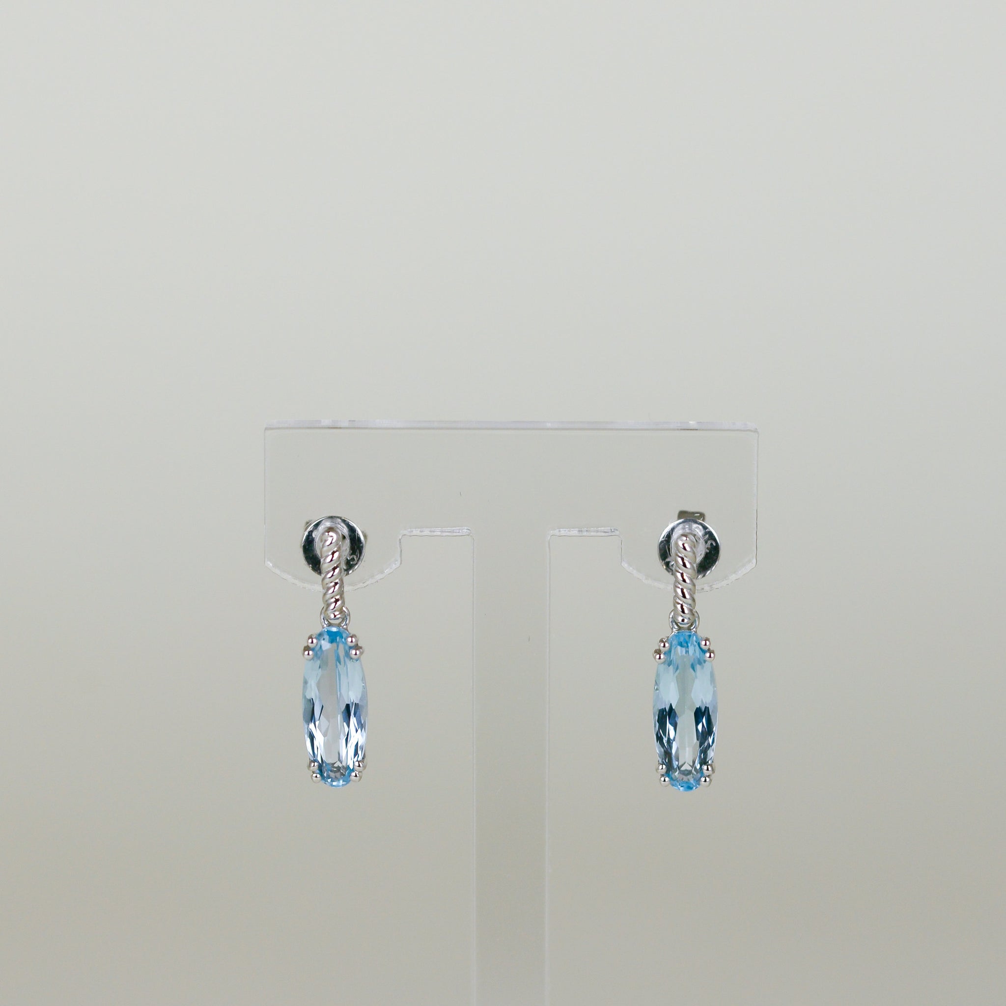 9ct White Gold 3.18ct Elongated Oval Blue Topaz Drop Earrings