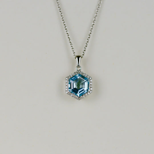 9ct White Gold 2.53ct Hexagon Blue Topaz and Diamond Pendant