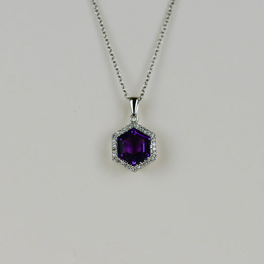 9ct White Gold 2.03ct Hexagon Amethyst and Diamond Pendant