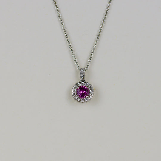 18ct White Gold 0.49ct Round Pink Sapphire and Diamond Pendant