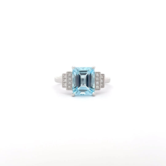 9ct White Gold 3.01ct Emerald Cut Blue Topaz and Diamond Art Deco Dress Ring