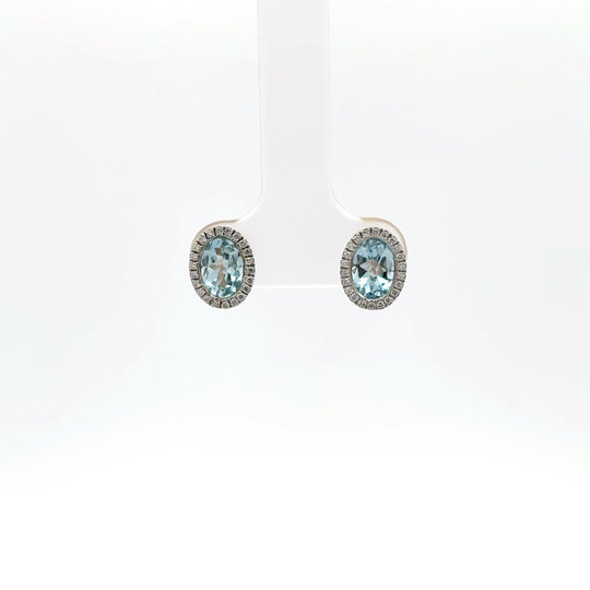 9ct Yellow Gold 1.95ct Oval Blue Topaz and Diamond Stud Earrings Front