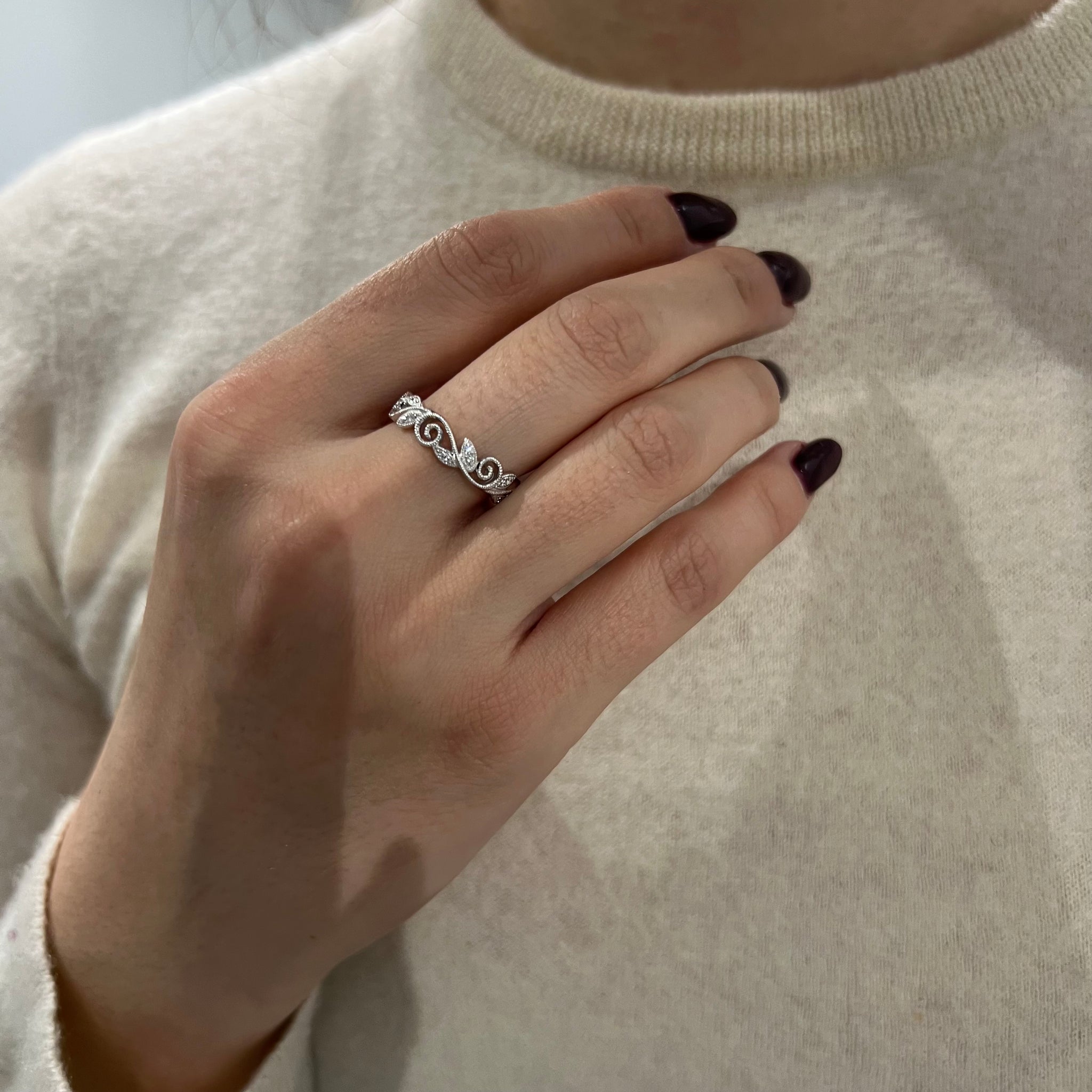 18ct White Gold 0.08ct Scroll & Leaf Eternity Ring