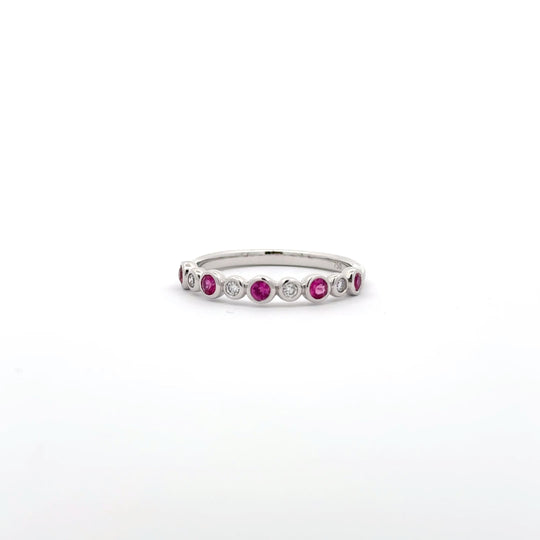 18ct White Gold 0.25ct Round Ruby and Diamond Bubble Half-Eternity Ring