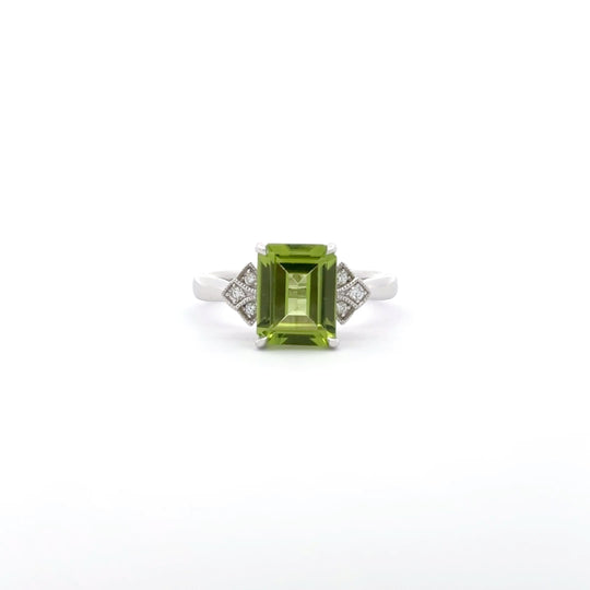 9ct White Gold 2.32ct Emerald Cut Peridot and Diamond Dress Ring