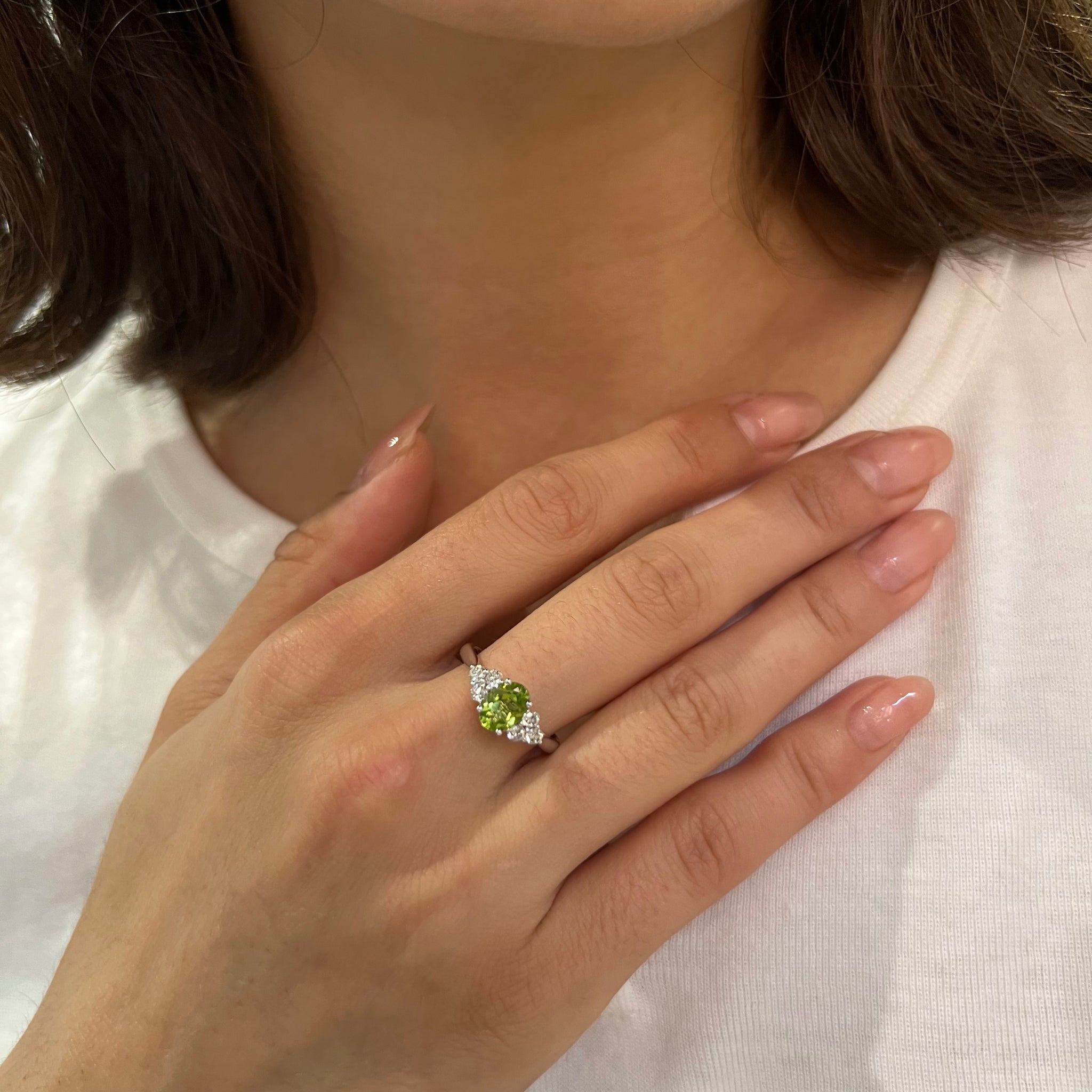 9ct White Gold 0.83ct Oval Peridot and Diamond Cluster Ring