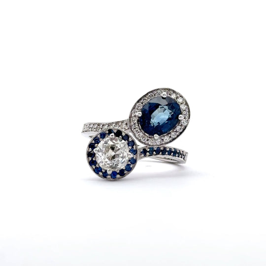 18ct White Gold 2.17ct Oval Sapphire and Diamond Two Stone Ring