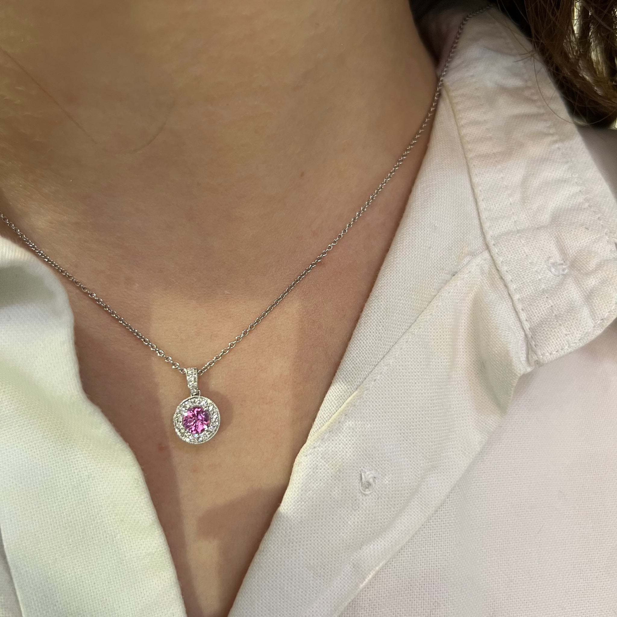 18ct White Gold 0.49ct Round Pink Sapphire and Diamond Pendant