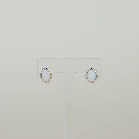 9ct White Gold 0.96ct Rub Set Oval Opal Stud Earrings