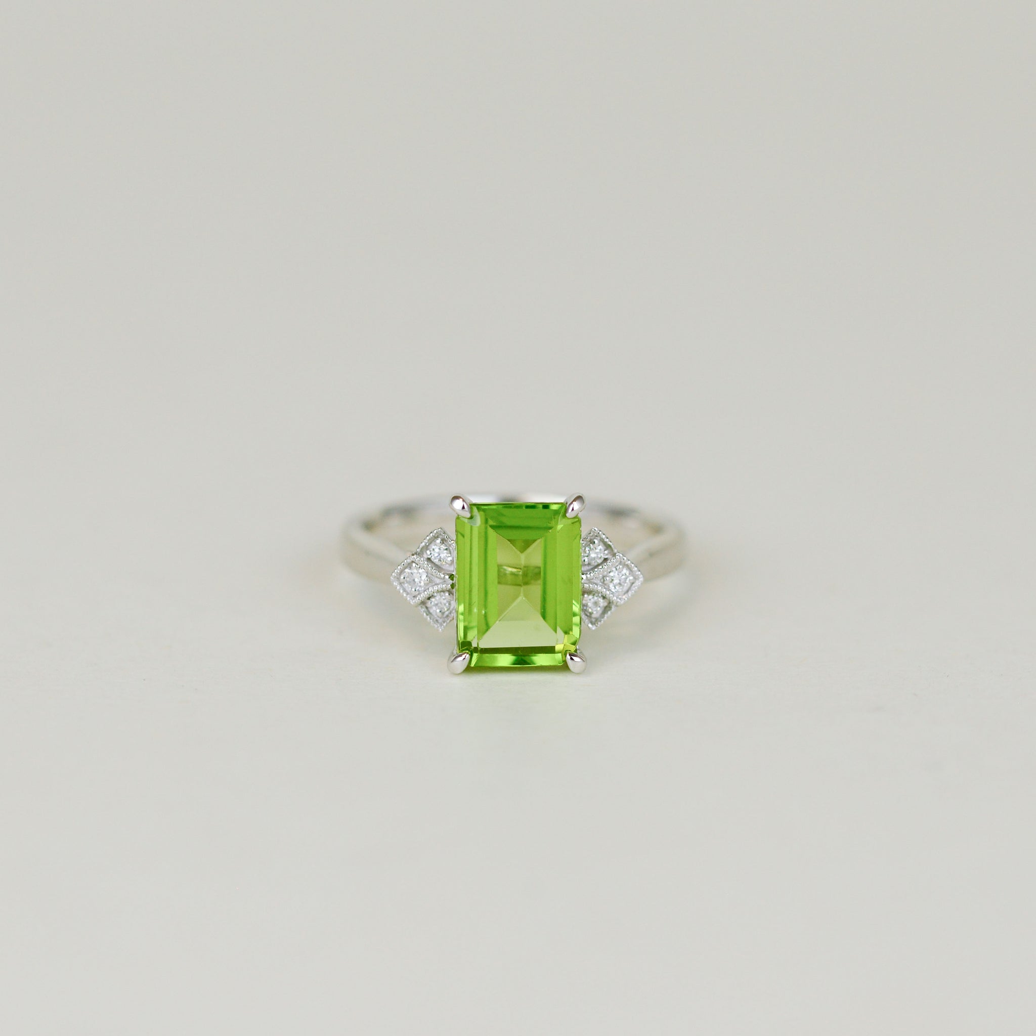 9ct White Gold 2.35ct Emerald Cut Peridot and Diamond Dress Ring