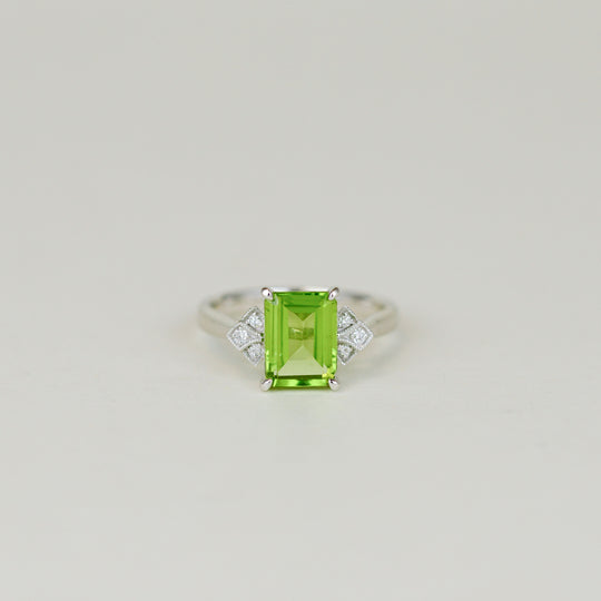 9ct White Gold 2.35ct Emerald Cut Peridot and Diamond Dress Ring