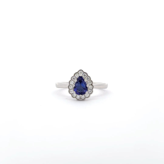Platinum 0.66ct Pear Tanzanite and Diamond Cluster Ring