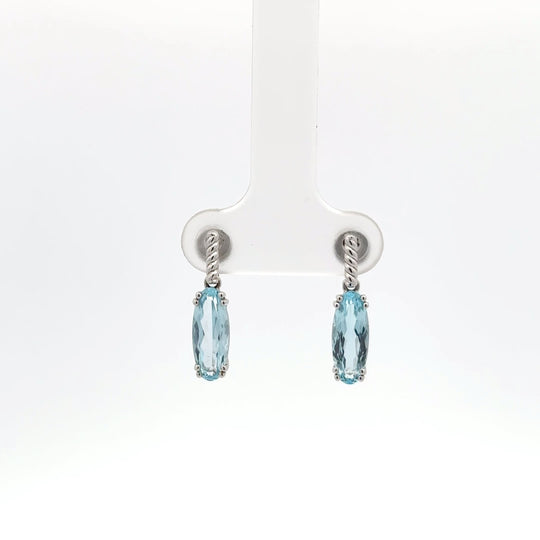 9ct White Gold 3.18ct Elongated Oval Blue Topaz Drop Earrings