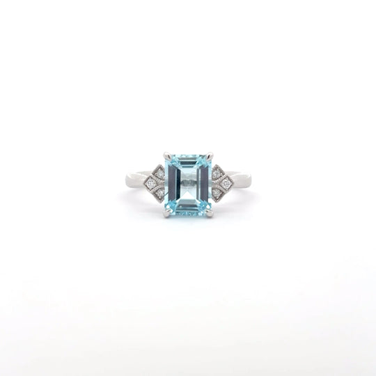 9ct White Gold 2.66ct Emerald Cut Blue Topaz and Diamond Dress Ring