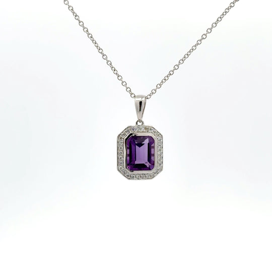 9ct White Gold 2.39ct Amethyst and Diamond Art Deco Pendant