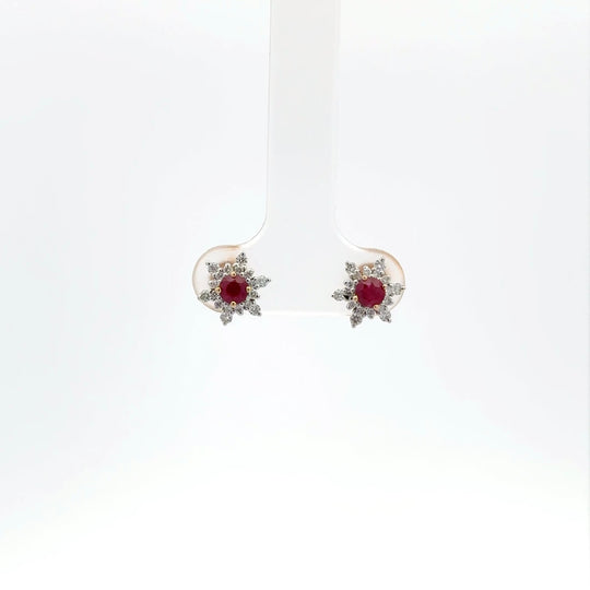 18ct Yellow Gold 0.45ct Round Ruby and Diamond Floral Cluster Stud Earrings