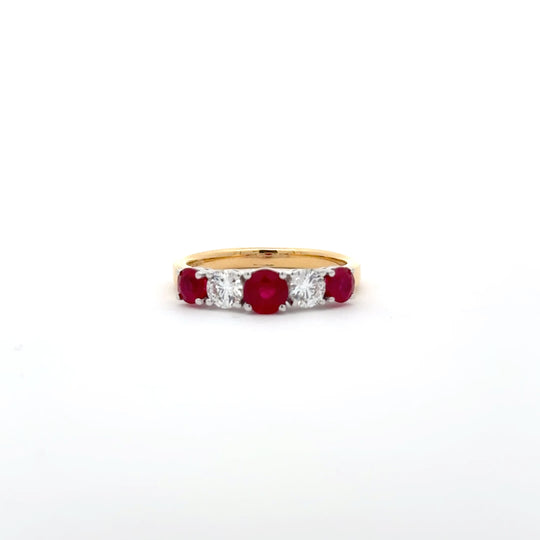18ct Yellow & White Gold 1.14ct Round Ruby and Diamond Half Eternity Ring