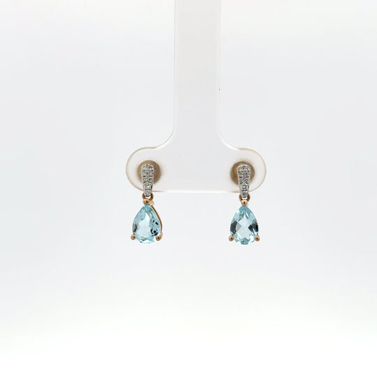 9ct Yellow Gold 1.42ct Pear Cut Blue Topaz and Diamond Drop Earrings