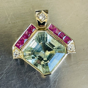 Green Beryl and Pink Sapphire Art Deco Pendant