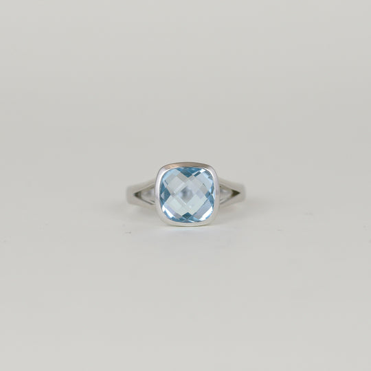 9ct White Gold 4.54ct Checkerboard Cushion Cut Blue Topaz Ring