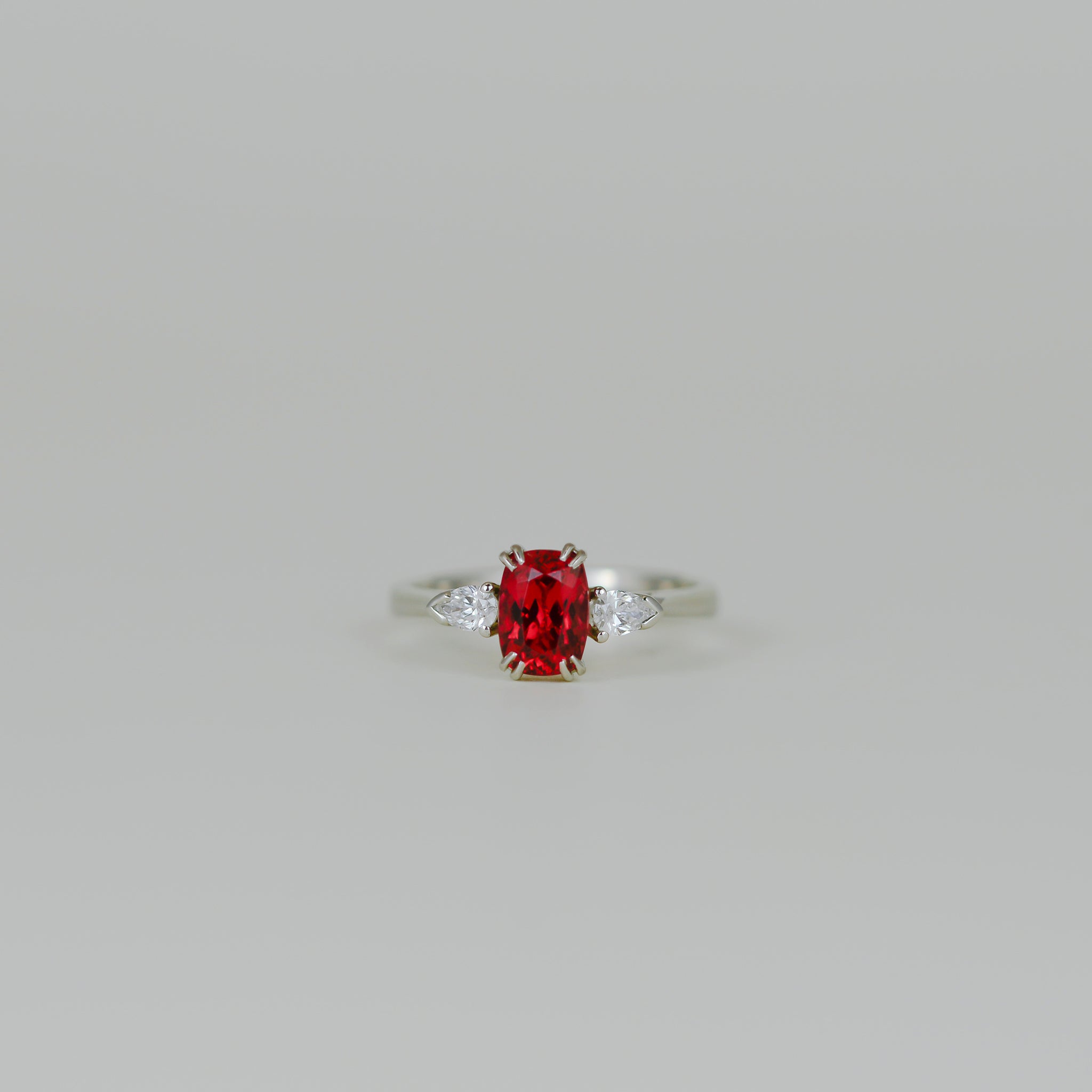 Platinum 1.21ct Cushion-Cut Red Spinel and Diamond Three-Stone Ring