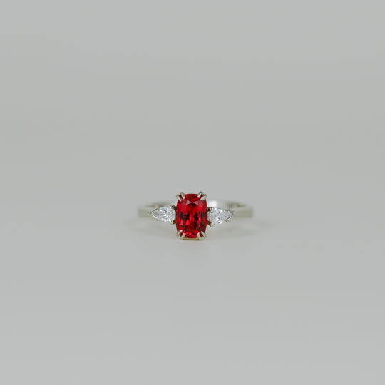 Platinum 1.21ct Cushion-Cut Red Spinel and Diamond Three-Stone Ring