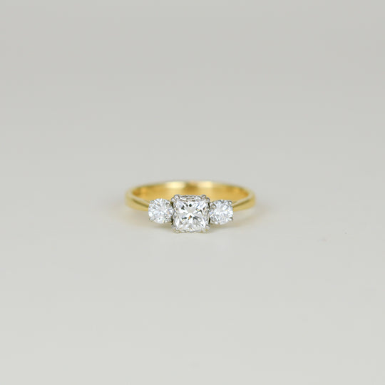 18ct Yellow Gold and Platinum 1.01ct Cushion Cut Diamond Three Stone Ring