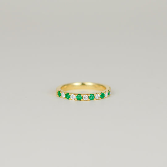 18ct Yellow Gold 0.29ct Castle Set Emerald and Diamond Half Eternity Ring