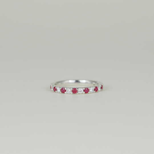 18ct White Gold 0.19ct Round Ruby and Diamond Castle-Set Eternity Band