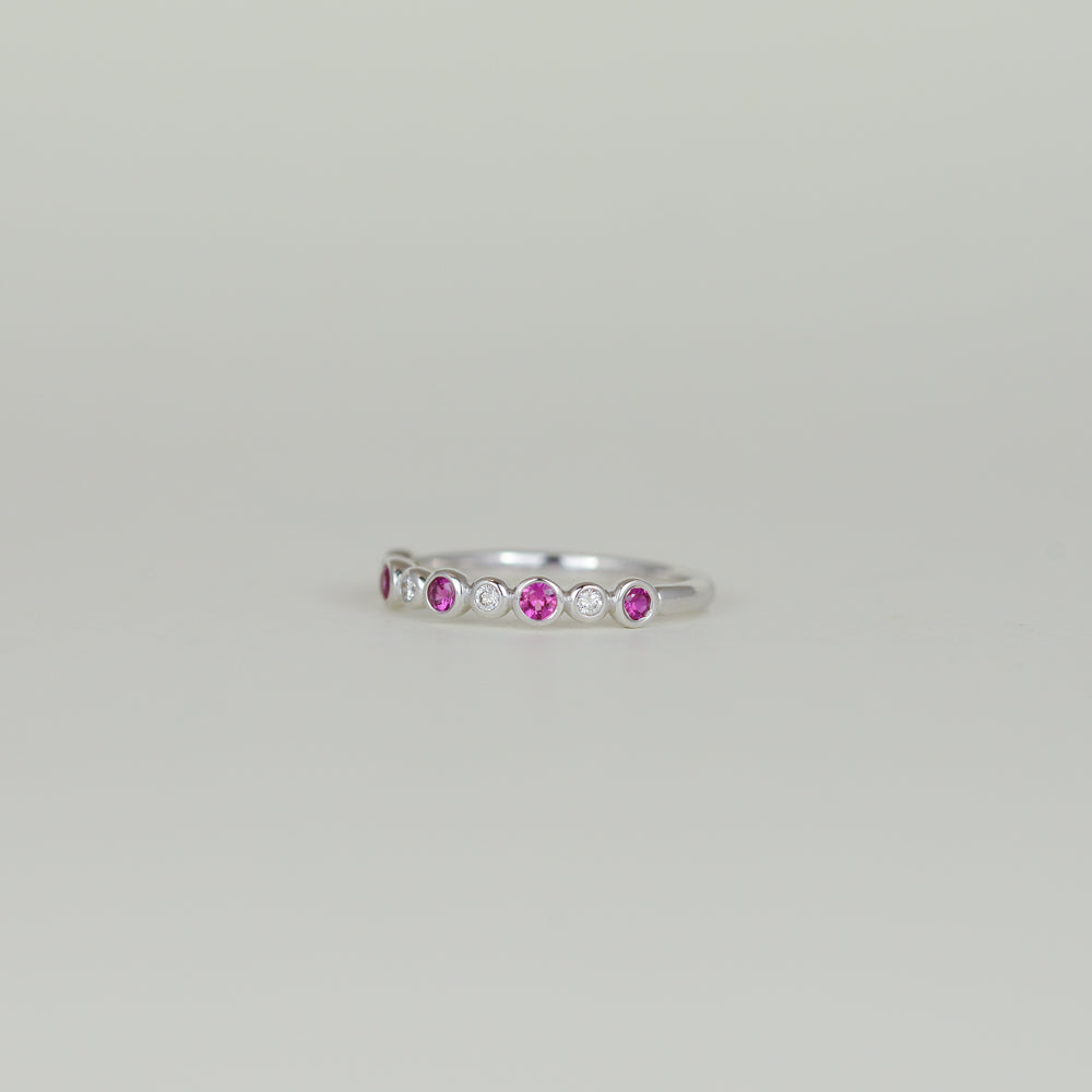18ct White Gold 0.25ct Round Ruby and Diamond Bubble Half-Eternity Ring