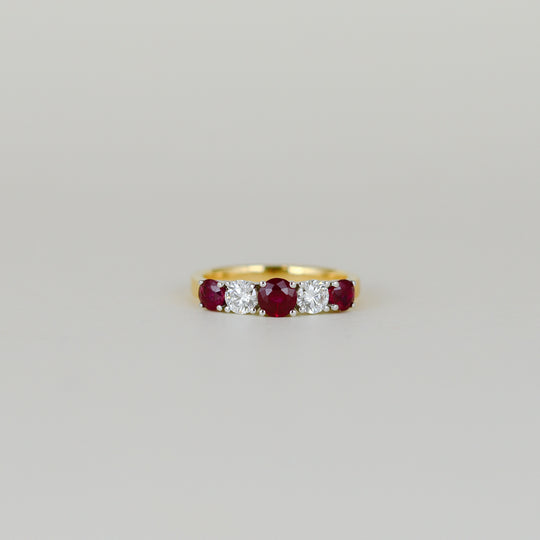 18ct Yellow & White Gold 1.14ct Round Ruby and Diamond Half Eternity Ring