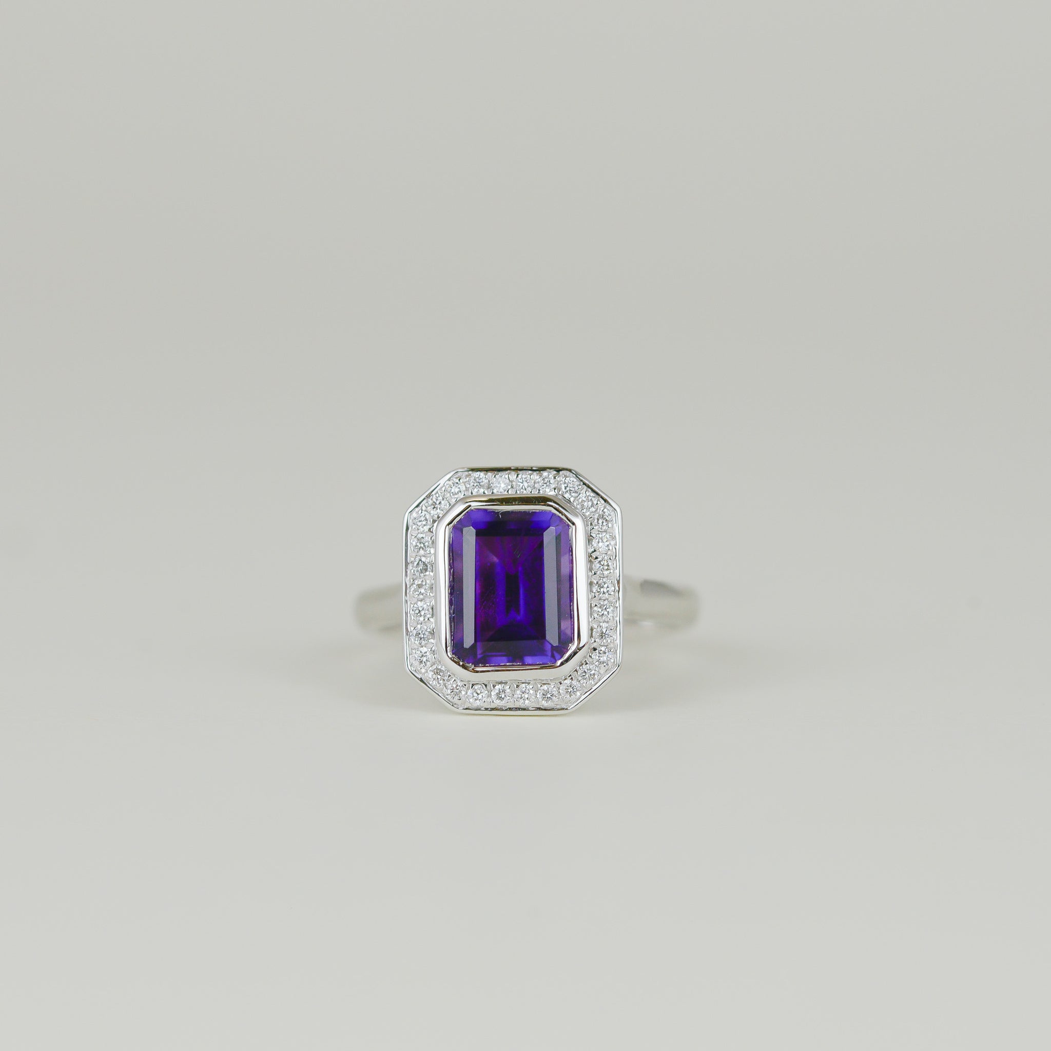 9ct White Gold 2.32ct Emerald Cut Amethyst and Diamond Art Deco Cluster Ring